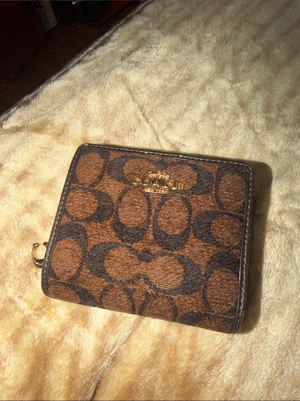 COACH Brown Logo Compact Card Case with Gold Hardware